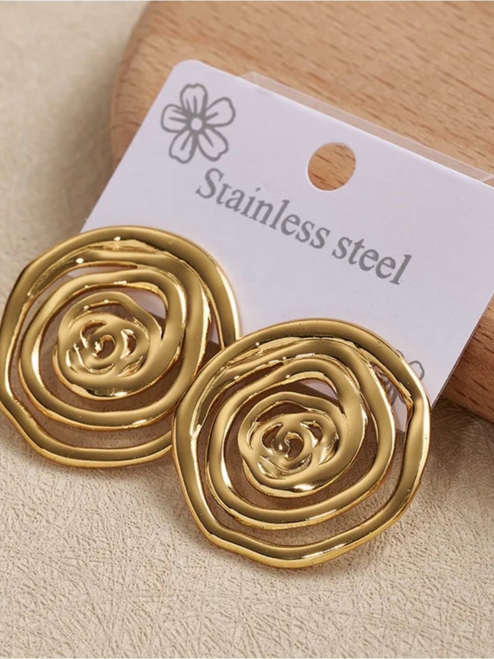 Gold Stainless Steel Spiral Rose Stud Earrings
